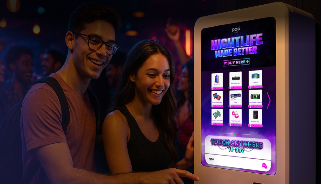A picture of people interacting with a smart vending machine like Pod Plug