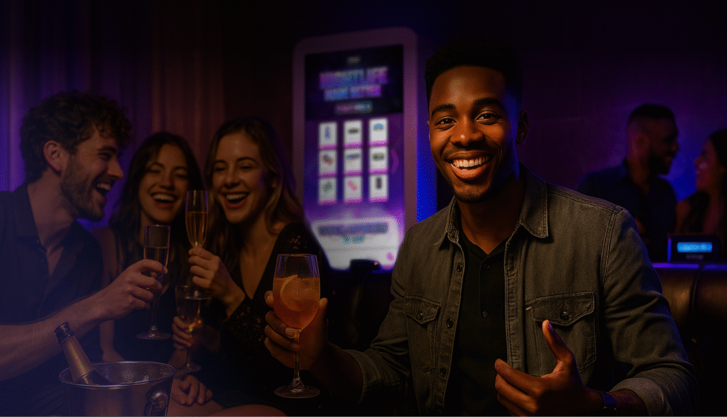 Friends enjoying drinks in a nightclub with a Pod Plug vending machine in the background, showing nightlife vending placement in a high-traffic venue.